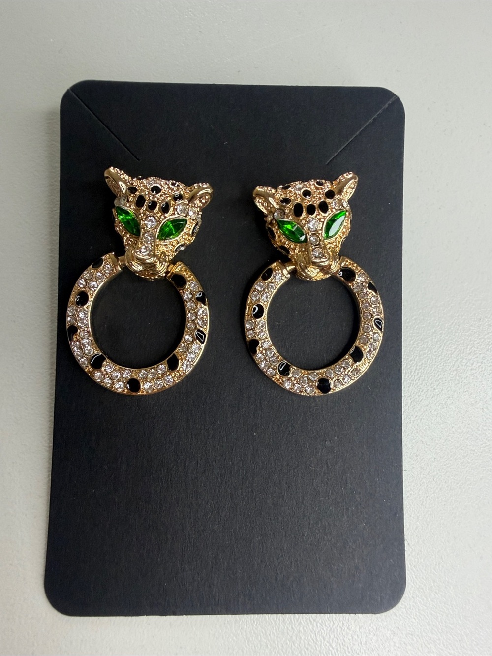 Gold-Tone Leopard Head Hoop Earrings with Green Eyes